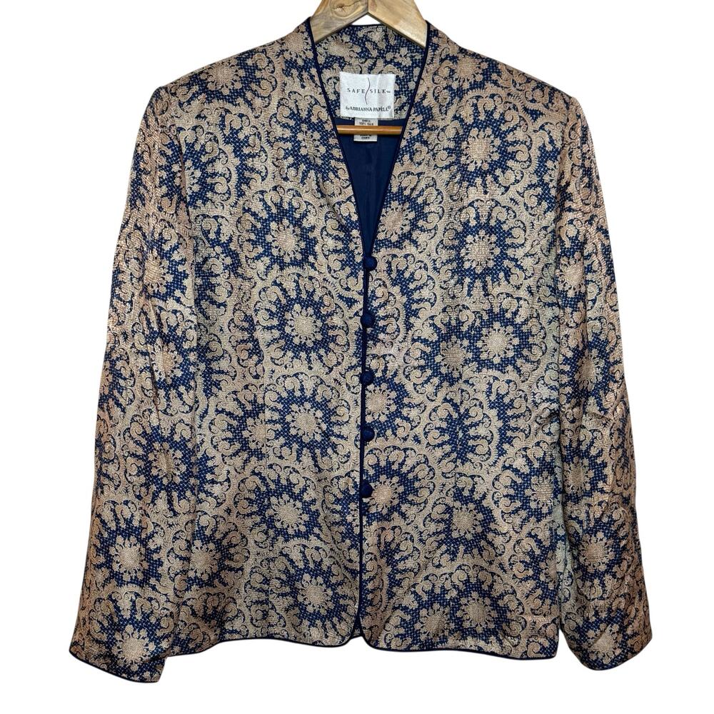 Adrianna Papell 100% Silk Size 10 Navy Blue Beige Button Front Evening Jacket
